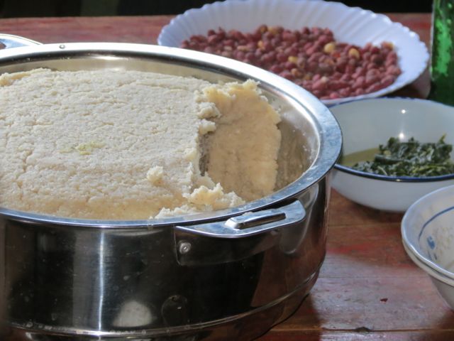 ugali, collard greens, and peanuts